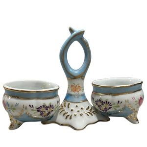 Limoges Porcelain Double Salt Cellar with Handle in Blue, White, Gold